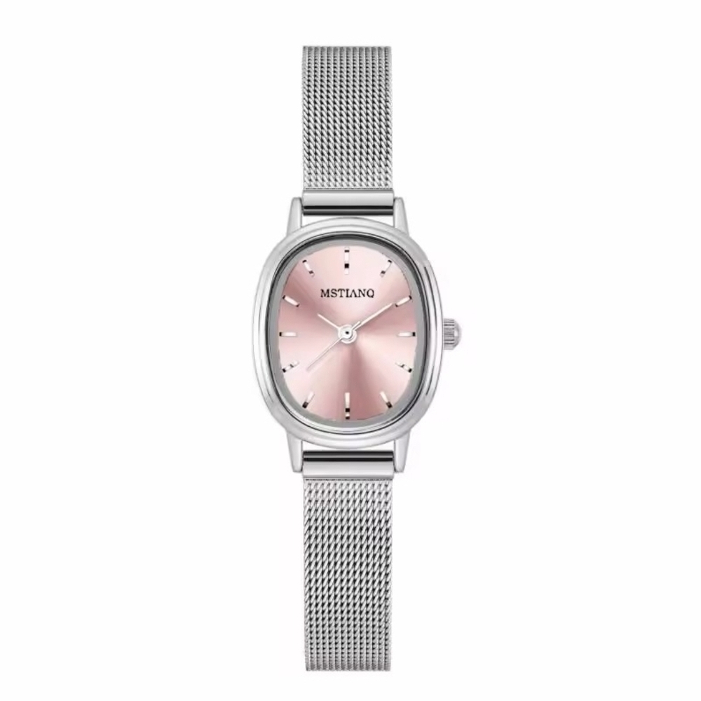 Silver Mesh Watch with Pink Sunburst Dial & Rounded Rectangular Case